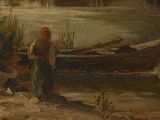 a painting of a man standing next to a boat on the water