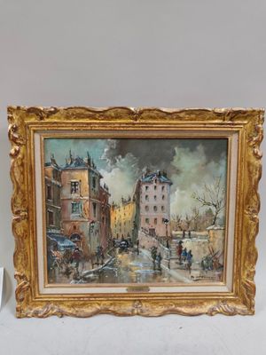 une image d'une peinture représentant une scène de rue dans un cadre doré