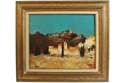 une peinture à l'huile représentant un paysage avec une maison et des arbres