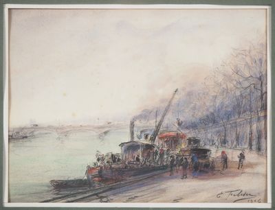 peinture représentant un train sur une voie ferrée près d'un plan d'eau