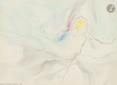 dessin représentant un cerf-volant blanc et jaune volant dans un ciel nuageux