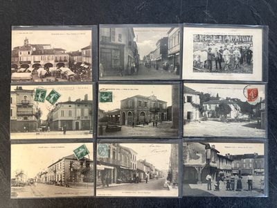 several old black and white photos of old buildings and people