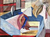 abstract painting of a woman laying on a bed with a pillow