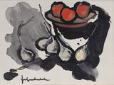 une peinture représentant une coupe de fruits sur une table
