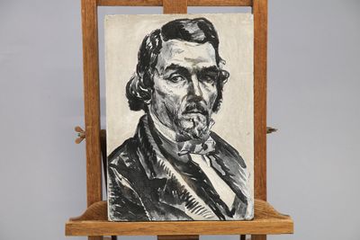 painting of a man in a suit and tie on a wooden easel