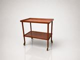 an image of a small wooden table on wheels on a white surface