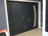 two pictures of a door and a window in a room