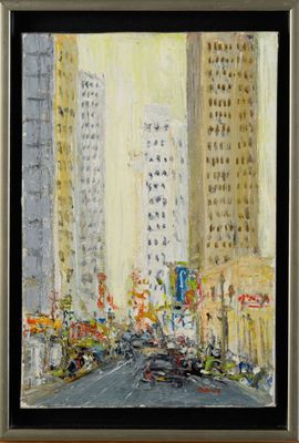 an oil painting of a city street with buildings and cars