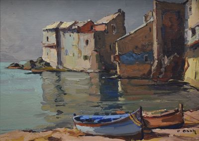 un tableau représentant un bateau amarré au bord de l'eau
