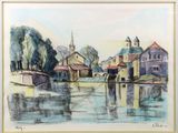 painting of a river scene with buildings and a church in the background