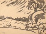 a black and white drawing of a landscape with trees