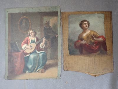 deux tableaux représentant une femme jouant de la guitare et un homme jouant de la mandoline