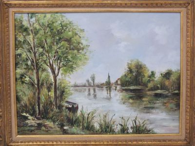 tableau représentant une scène fluviale avec des arbres et un bateau sur l'eau