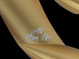 a gold ribbon with a white logo on it