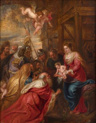 un tableau représentant un groupe de personnes dans une pièce avec un bébé