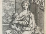 une vieille gravure représentant une femme tenant un bébé sur ses genoux