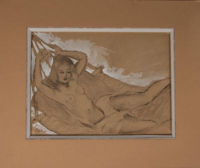 dessin représentant une femme allongée dans un hamac dans une pièce