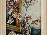 painting of a vase of flowers on a table with a mirror