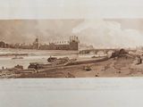 une vieille photo représentant une vue d'une ville avec un pont et une rivière