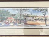 framed watercolor painting of a street scene with people and buildings