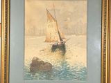 painting of a sailboat in a body of water with a city in the background
