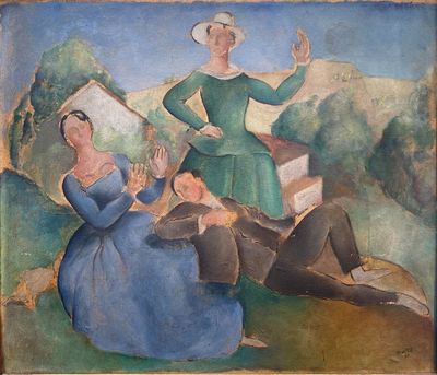 une image représentant un tableau où l'on voit deux femmes et un homme assis sur une colline