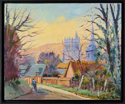 an oil painting of a person walking down a road with a church in the background