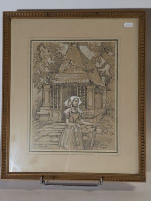 a drawing of a woman holding a basket in front of a house