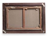 an old picture of a window with a wooden frame on it