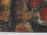 a painting on the wall of a room with a red vase