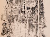 drawing of a man standing in front of a train station with a clock