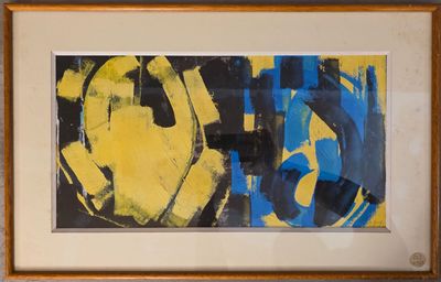 tableau représentant une peinture abstraite jaune et bleue, dans un cadre en bois