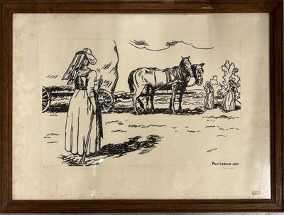 dessin représentant une femme et un cheval dans un champ, près d'une clôture