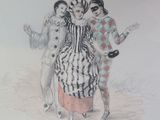 drawing of a group of people standing around each other on a beach