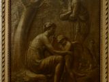 tableau représentant un homme et une femme assis sur un banc dans un cadre boisé
