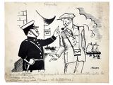 cartoon drawing of a man in uniform talking to another man in uniform
