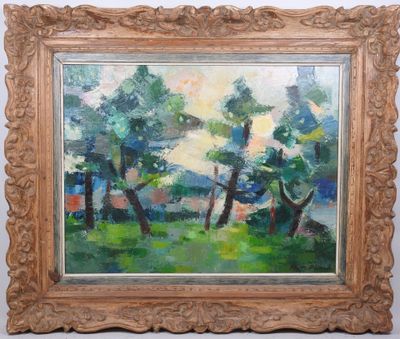 une peinture à l'huile représentant des arbres dans un champ, avec une maison en arrière-plan