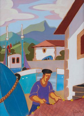 un tableau représentant un homme assis par terre à côté d'un bateau