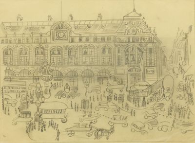 esquisses d'un dessin représentant un grand bâtiment doté d'une tour horloge