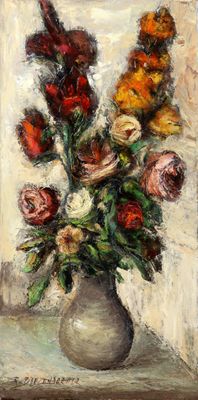 une peinture de fleurs dans un vase sur une table