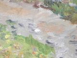 a painting of a stream running through a green field