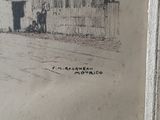 a drawing of a man and a woman standing outside of a building