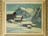 une image représentant un tableau d'un paysage de montagne enneigé avec une cabane au premier plan