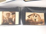 two old photos of a man and a woman in front of a house
