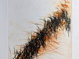 an image of a painting of a long line of black and orange sticks