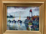 a painting of a harbor scene with boats in the water