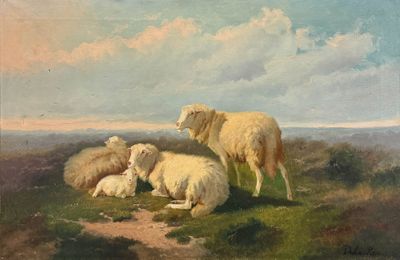 tableau représentant des moutons et des agneaux se reposant dans un champ par une journée ensoleillée