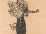 dessin représentant une femme en robe noire tenant un bouquet de fleurs