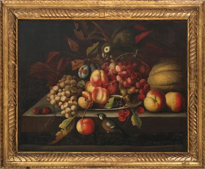 tableau représentant une nature morte composée de fruits posés sur une table, avec un oiseau