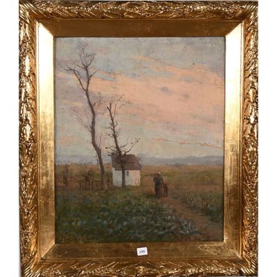 une image représentant une peinture d'une scène de ferme avec une vache au premier plan